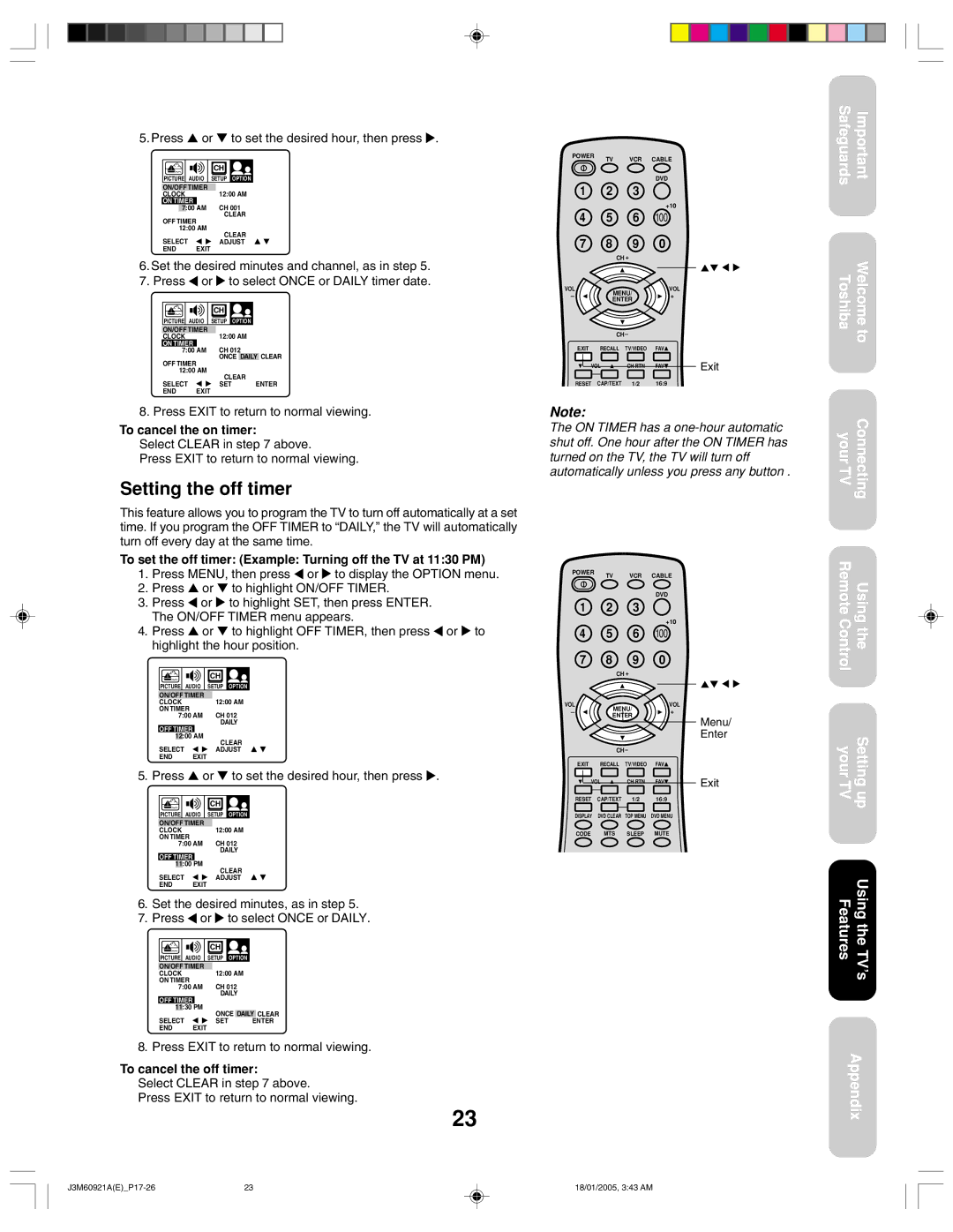 Toshiba 24AF45C appendix Setting the off timer, Press or to set the desired hour, then press, To cancel the on timer 