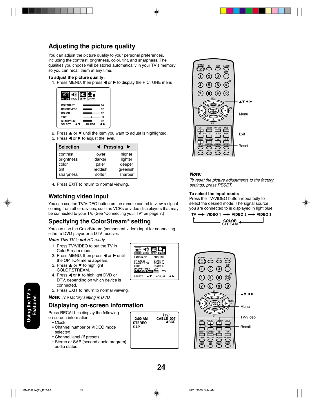 Toshiba 24AF45C appendix Watching video input, Specifying the ColorStream setting, Displaying on-screen information 