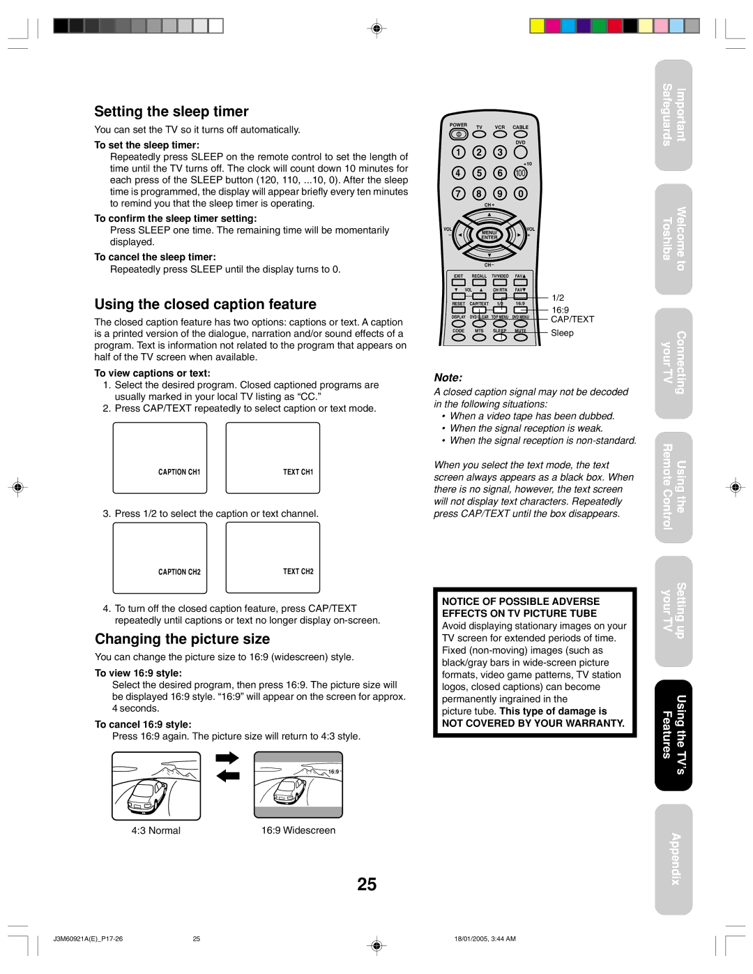 Toshiba 24AF45C appendix Setting the sleep timer, Using the closed caption feature, Changing the picture size 