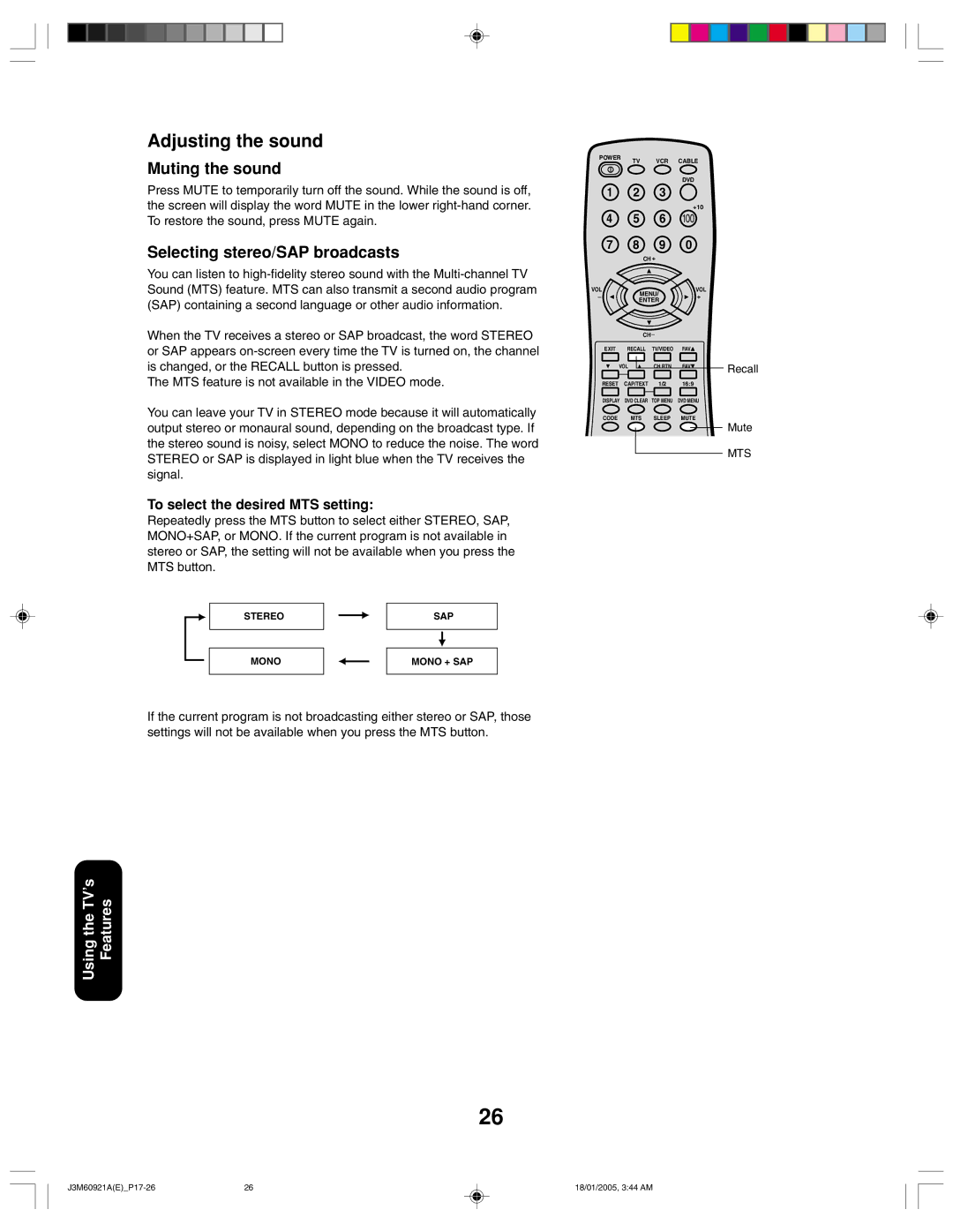 Toshiba 24AF45C appendix Adjusting the sound, Muting the sound, Selecting stereo/SAP broadcasts 