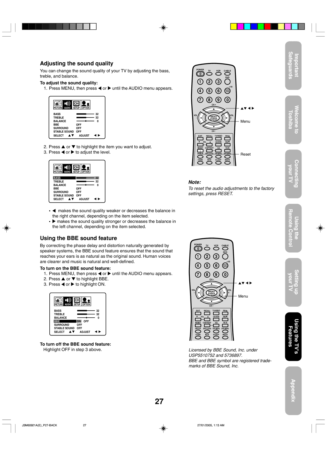 Toshiba 24AF45C appendix Adjusting the sound quality, Using the BBE sound feature, To adjust the sound quality 