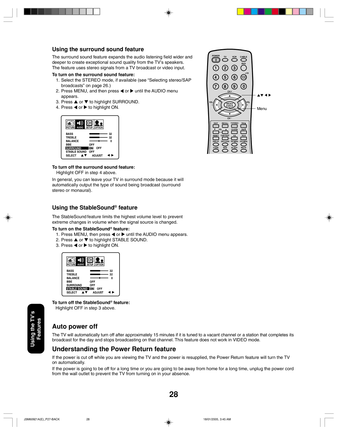 Toshiba 24AF45C appendix Auto power off, Understanding the Power Return feature, Using the surround sound feature 