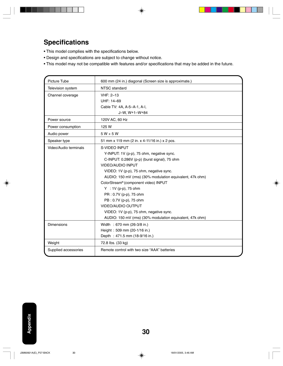 Toshiba 24AF45C appendix Specifications 