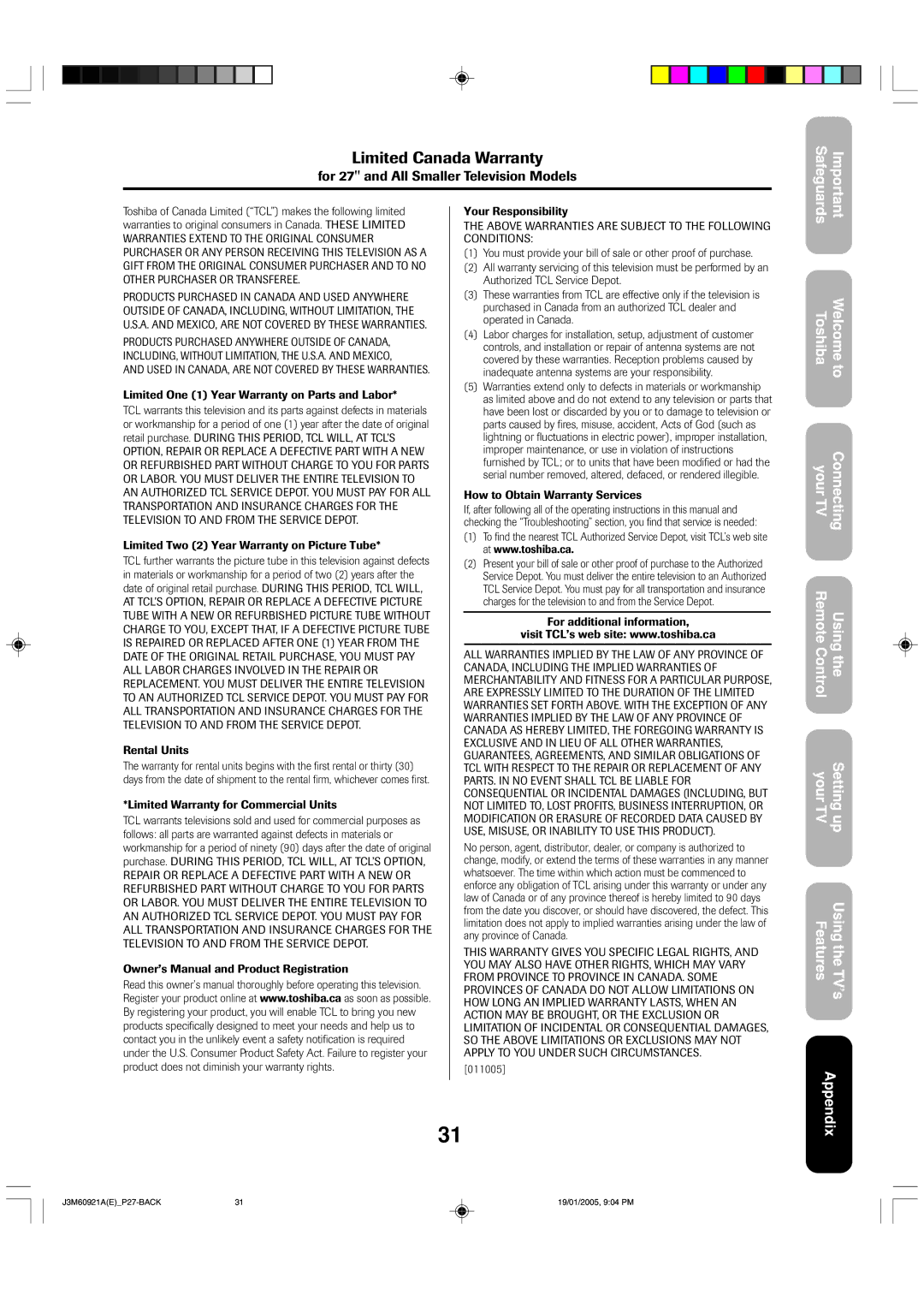 Toshiba 24AF45C appendix Limited Canada Warranty 