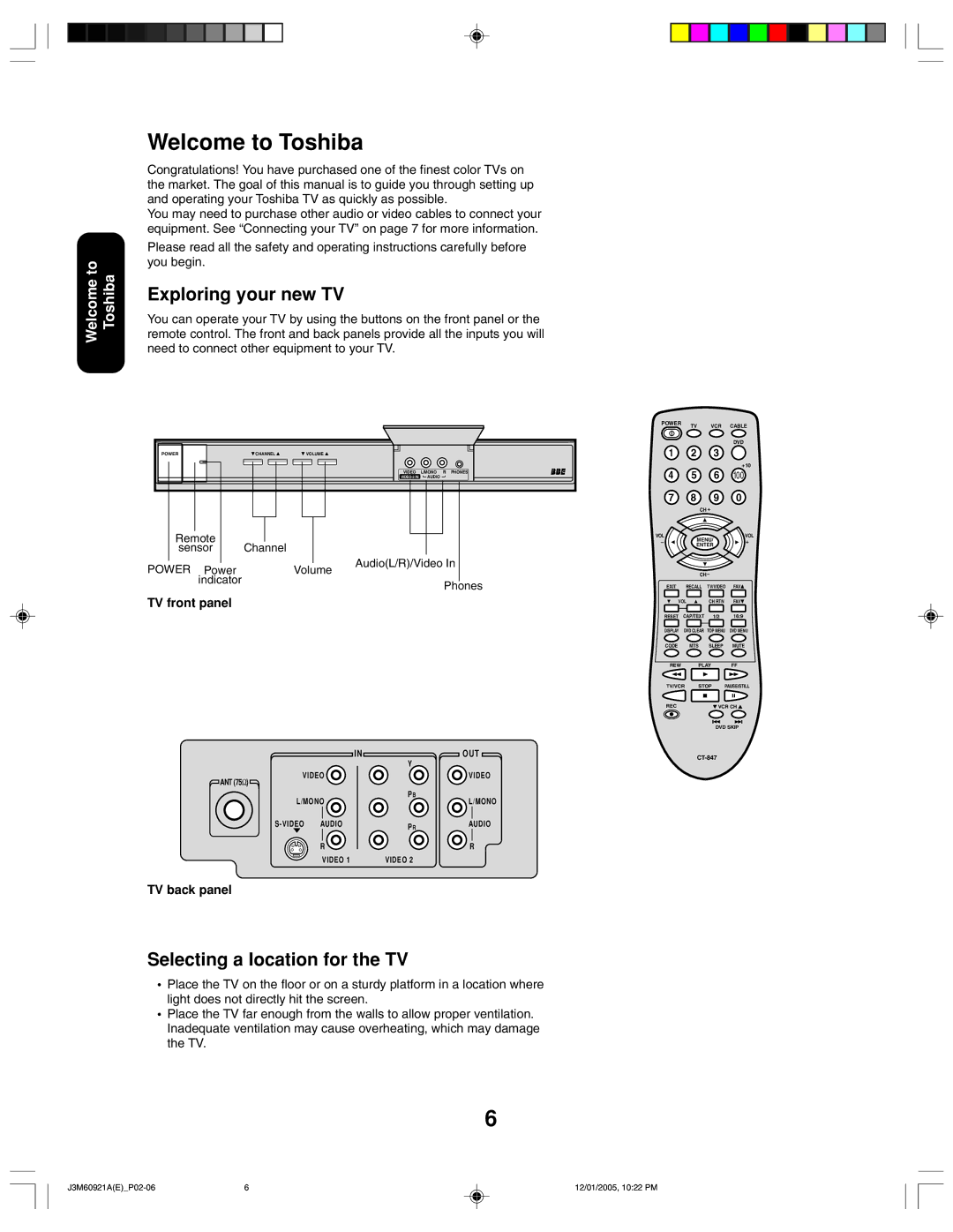 Toshiba 24AF45C Welcome to Toshiba, Exploring your new TV, Selecting a location for the TV, TV front panel, TV back panel 