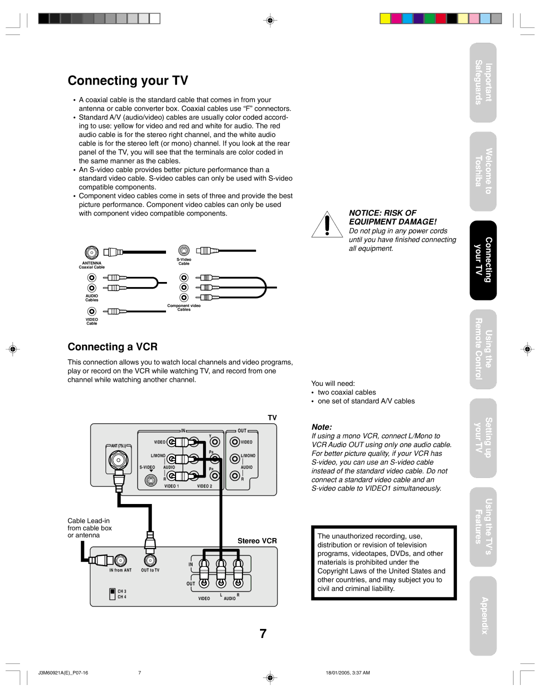 Toshiba 24AF45C appendix Connecting your TV, Connecting a VCR, Stereo VCR 