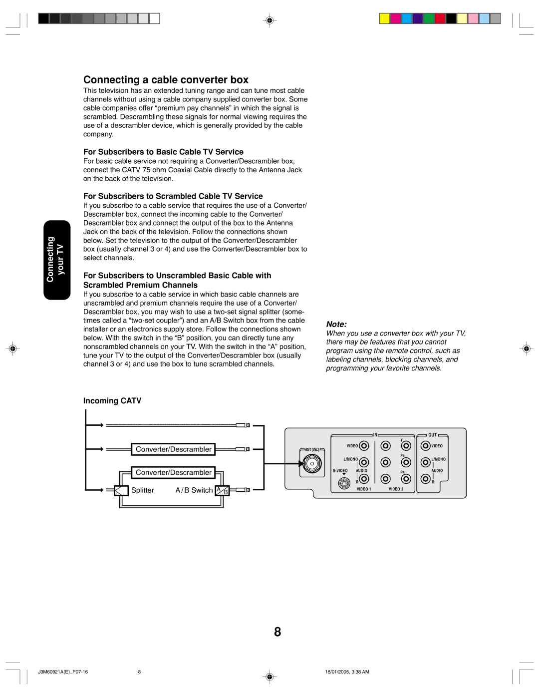 Toshiba 24AF45C appendix Connecting a cable converter box, Converter/Descrambler Splitter Switch a B 