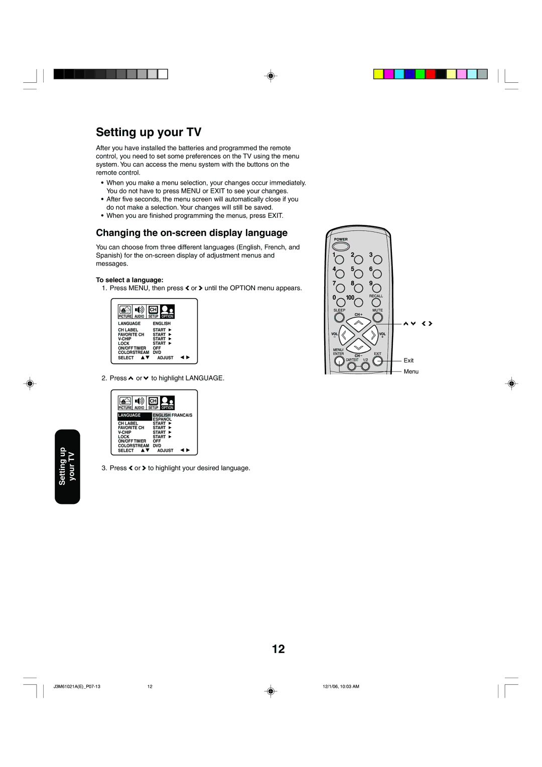 Toshiba 24AF46 appendix Setting up your TV, Changing the on-screen display language, To select a language 