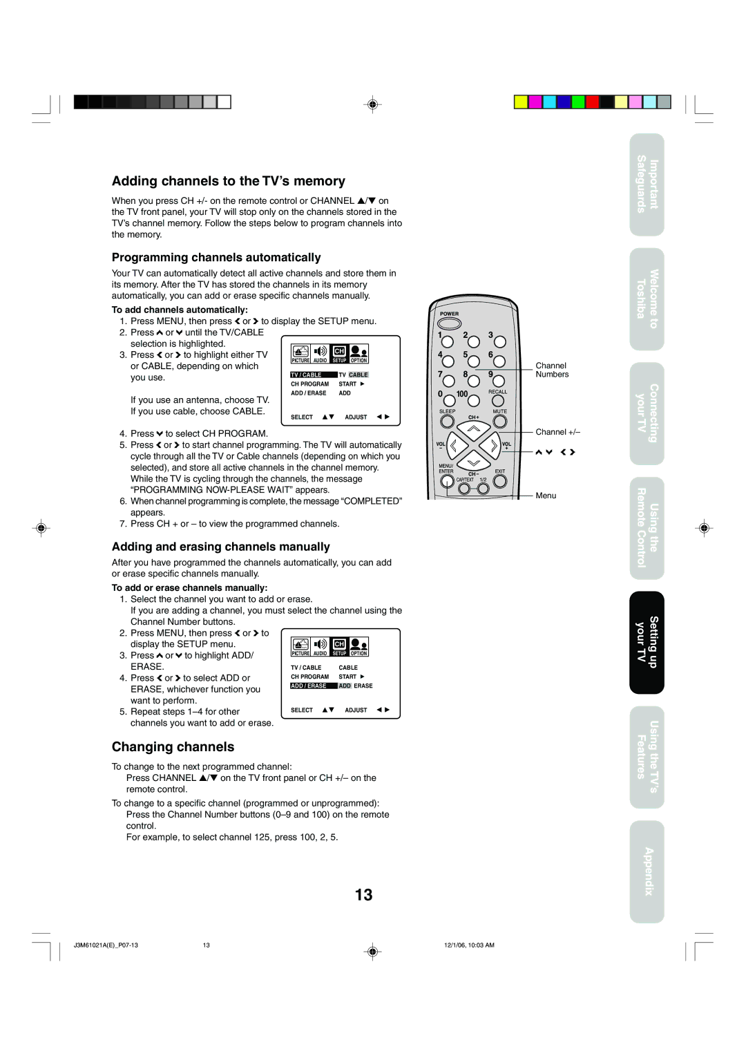 Toshiba 24AF46 appendix Adding channels to the TV’s memory, Changing channels, Programming channels automatically 