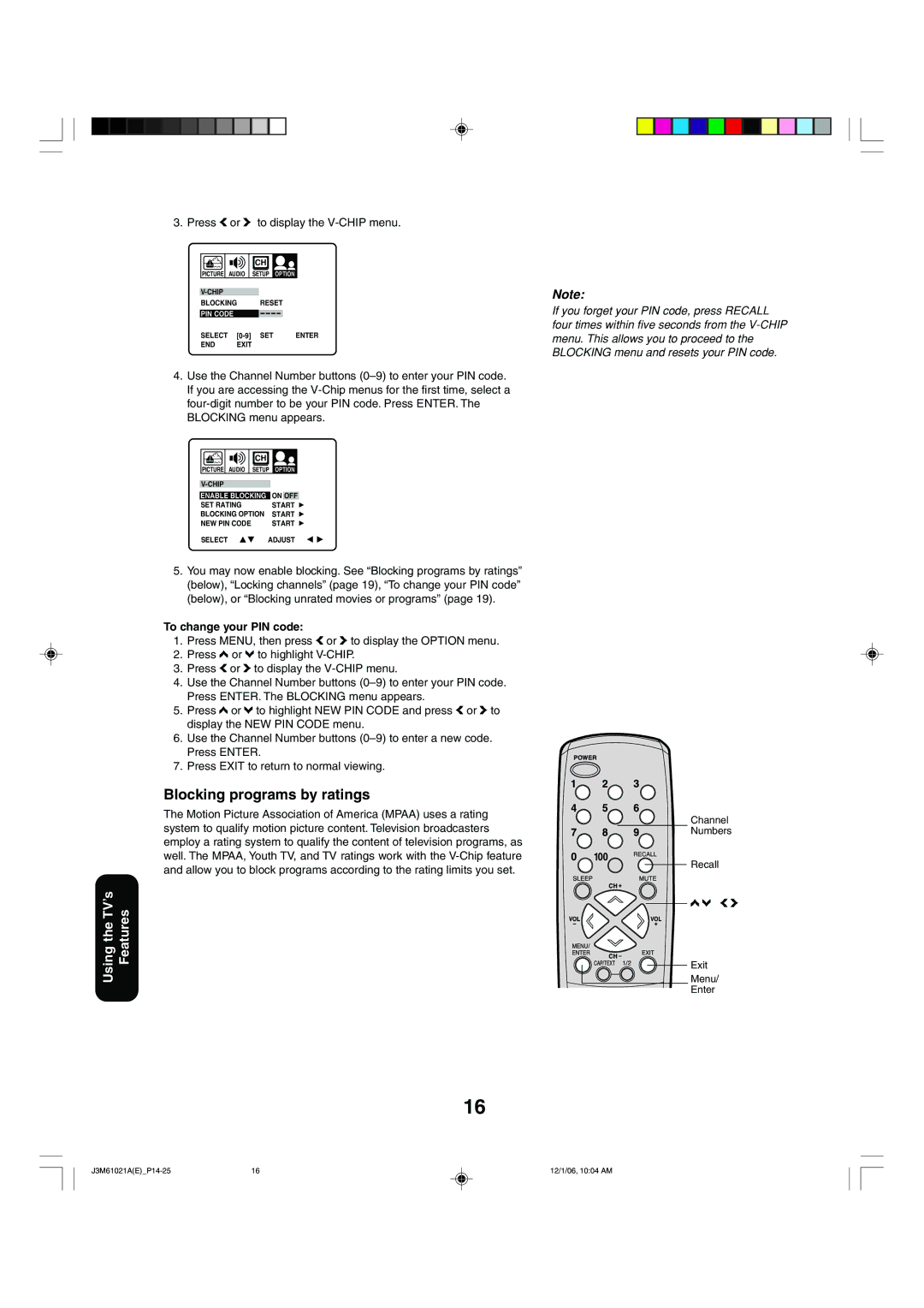 Toshiba 24AF46 appendix Blocking programs by ratings, Press a or b to display the V-CHIP menu, To change your PIN code 