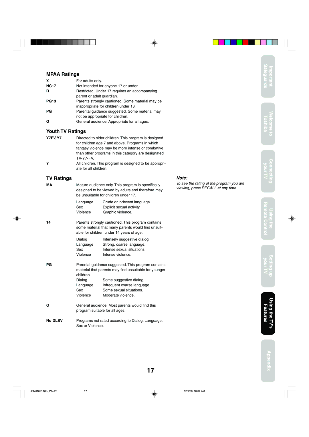 Toshiba 24AF46 appendix Mpaa Ratings, Youth TV Ratings 