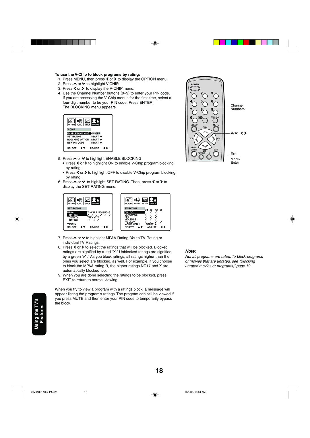 Toshiba 24AF46 appendix To use the V-Chip to block programs by rating, Blocking menu appears 