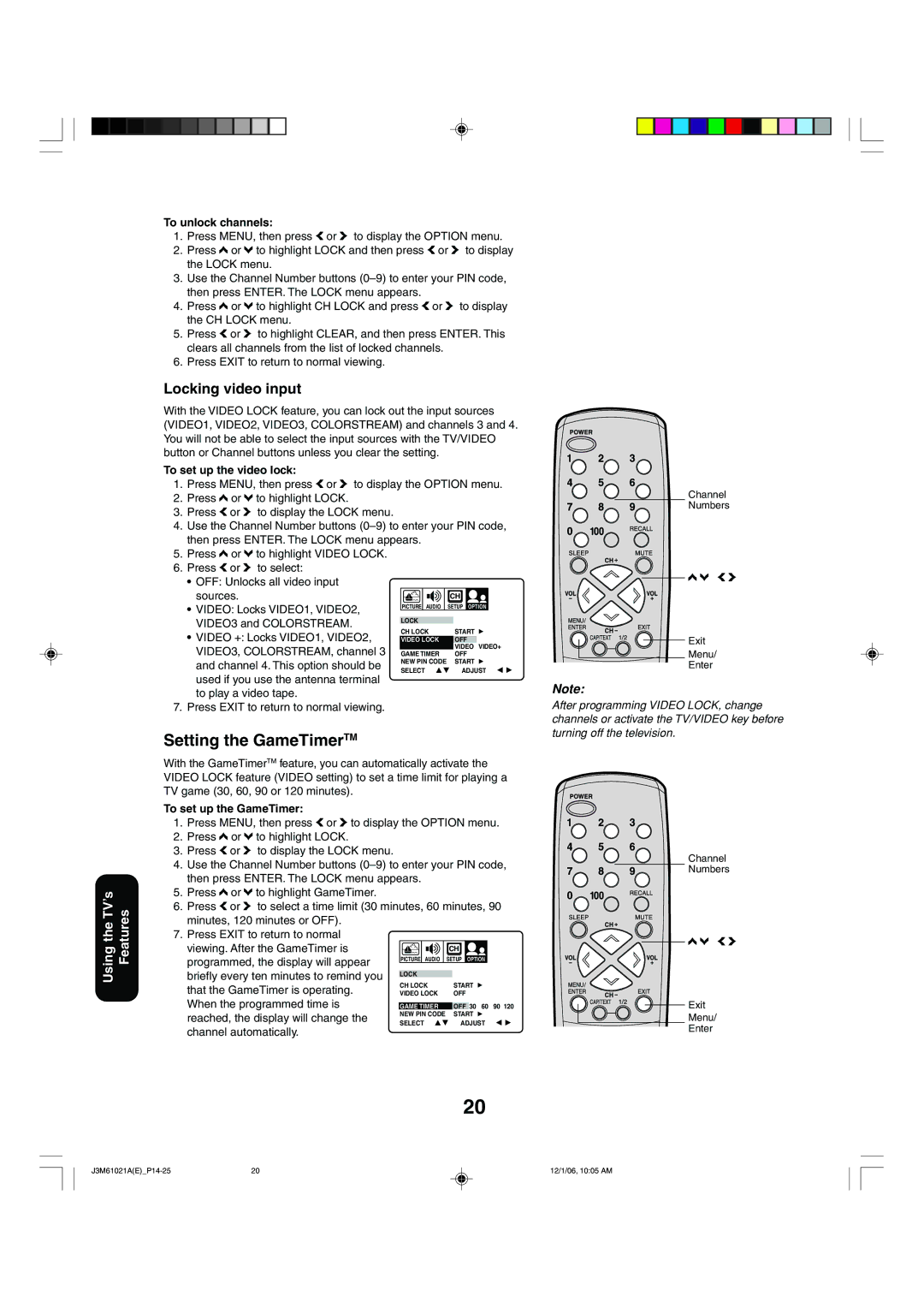 Toshiba 24AF46 appendix Setting the GameTimerTM, Locking video input 
