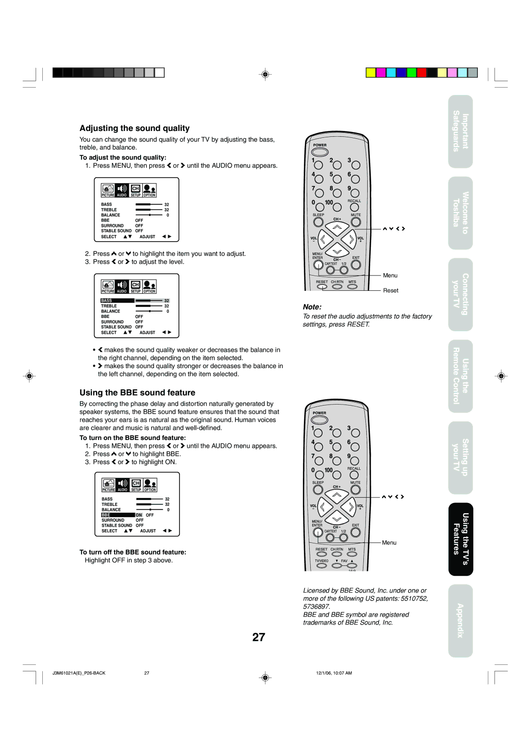 Toshiba 24AF46 appendix Adjusting the sound quality, Using the BBE sound feature, To adjust the sound quality 