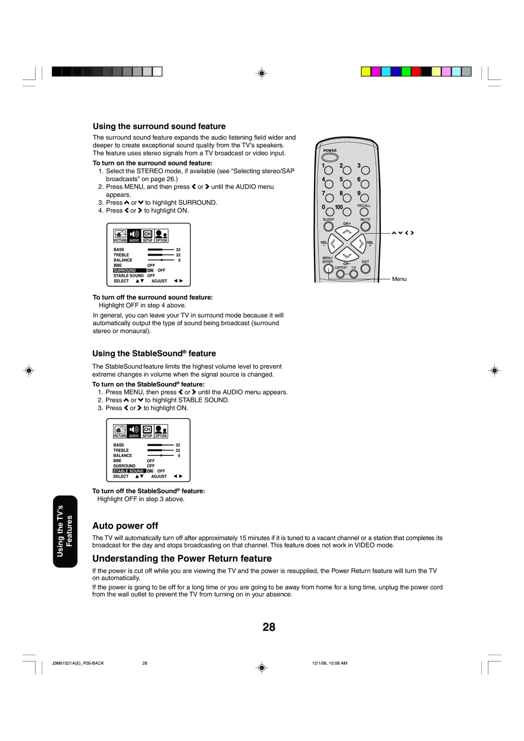 Toshiba 24AF46 appendix Auto power off, Understanding the Power Return feature, Using the surround sound feature 