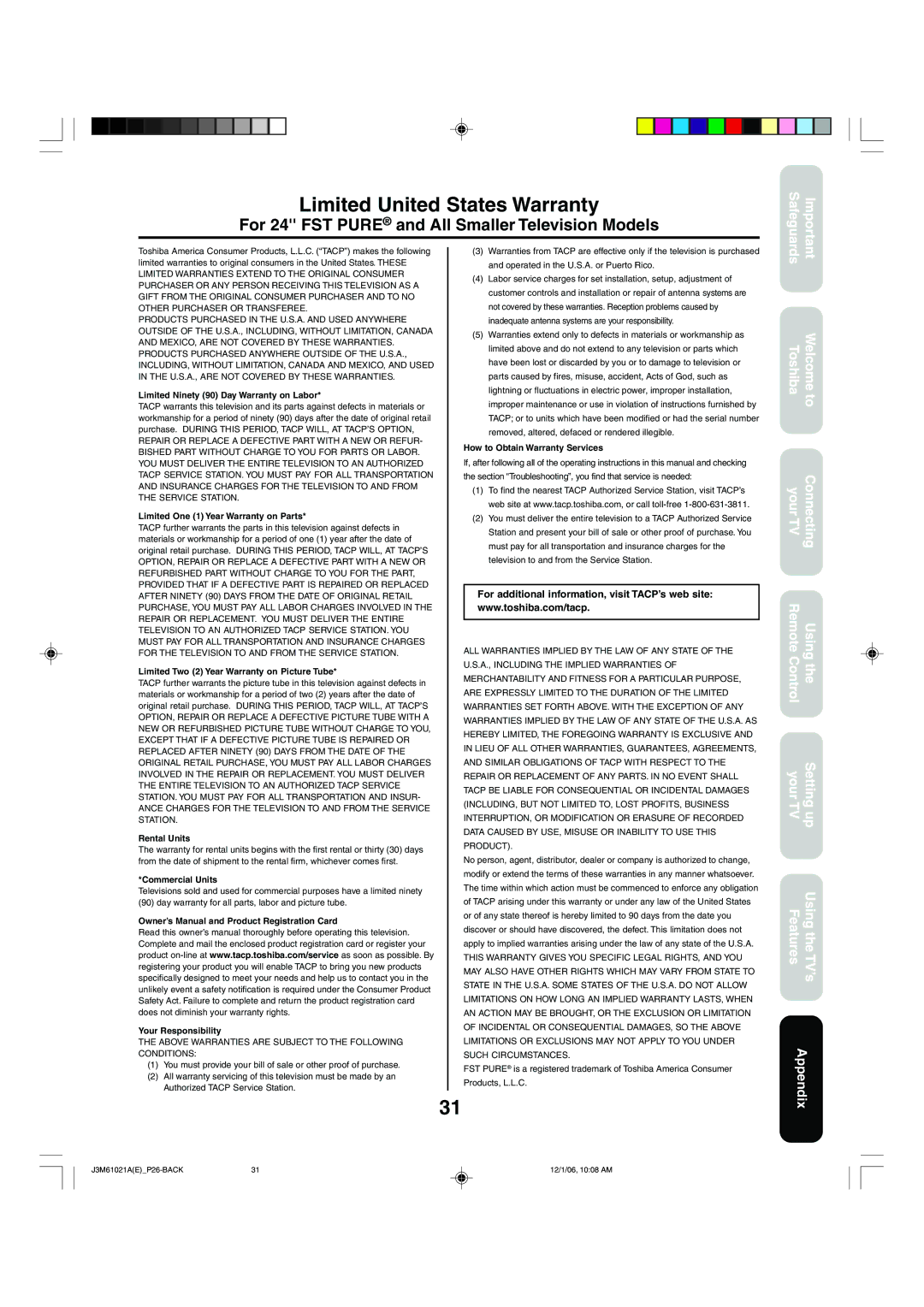 Toshiba 24AF46 appendix Limited United States Warranty, For 24 FST Pure and All Smaller Television Models 