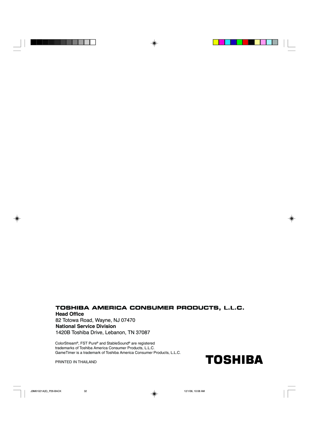 Toshiba 24AF46 appendix National Service Division 