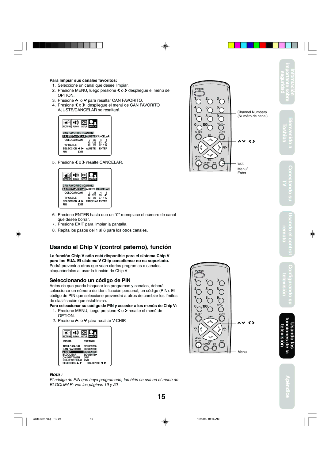 Toshiba 24AF46 appendix Usando el Chip V control paterno, función, Seleccionando un código de PIN 