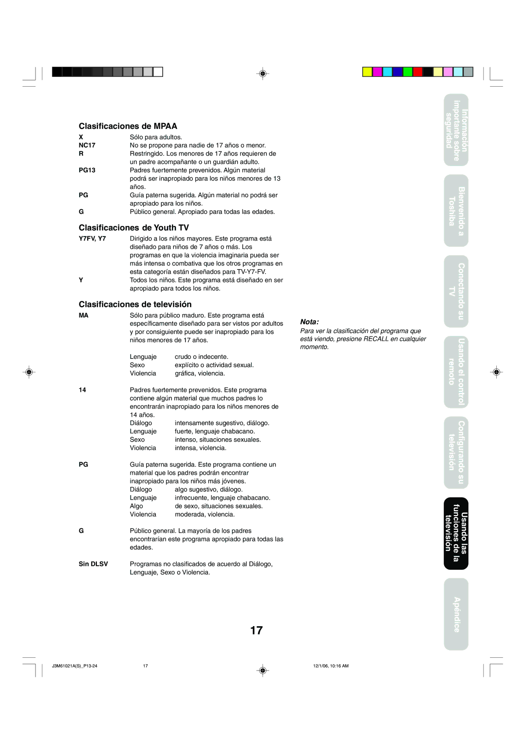 Toshiba 24AF46 appendix Clasificaciones de Mpaa, Clasificaciones de Youth TV, Clasificaciones de televisión, Sin Dlsv 