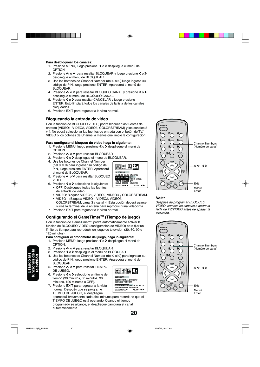 Toshiba 24AF46 appendix Bloqueando la entrada de video, Configurando el GameTimerTM Tiempo de juego 