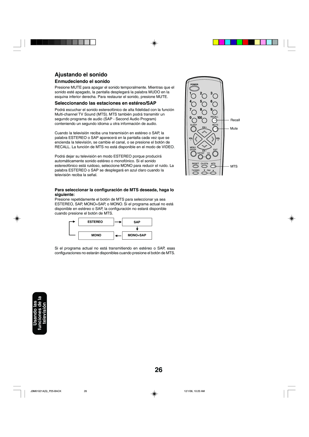 Toshiba 24AF46 appendix Ajustando el sonido, Enmudeciendo el sonido, Seleccionando las estaciones en estéreo/SAP 