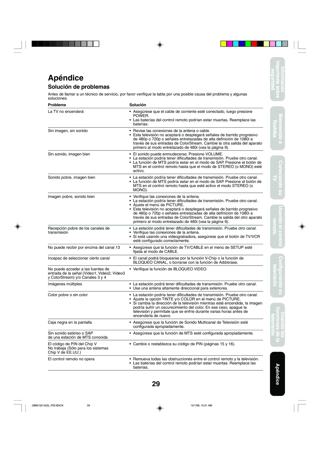 Toshiba 24AF46 appendix Solución de problemas, Problema Solución, Power, Mono 