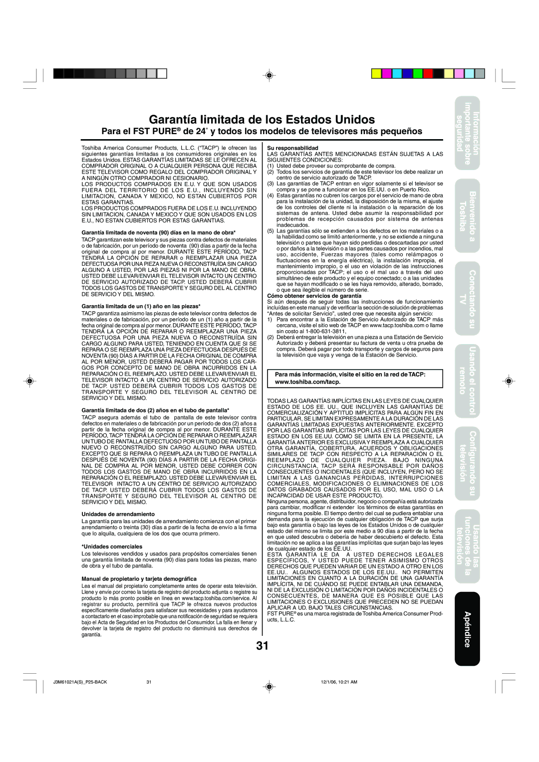 Toshiba 24AF46 appendix Garantía limitada de los Estados Unidos, Garantía limitada de noventa 90 días en la mano de obra 