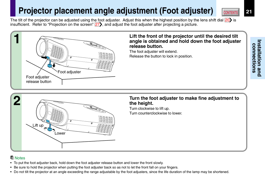 Toshiba 250, 251, TLP551, TLP550 owner manual Turn the foot adjuster to make fine adjustment to the height 