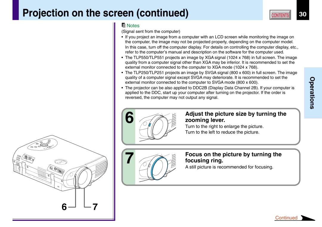 Toshiba TLP551, 251, 250 Adjust the picture size by turning, Zooming lever, Focus on the picture by turning, Focusing ring 