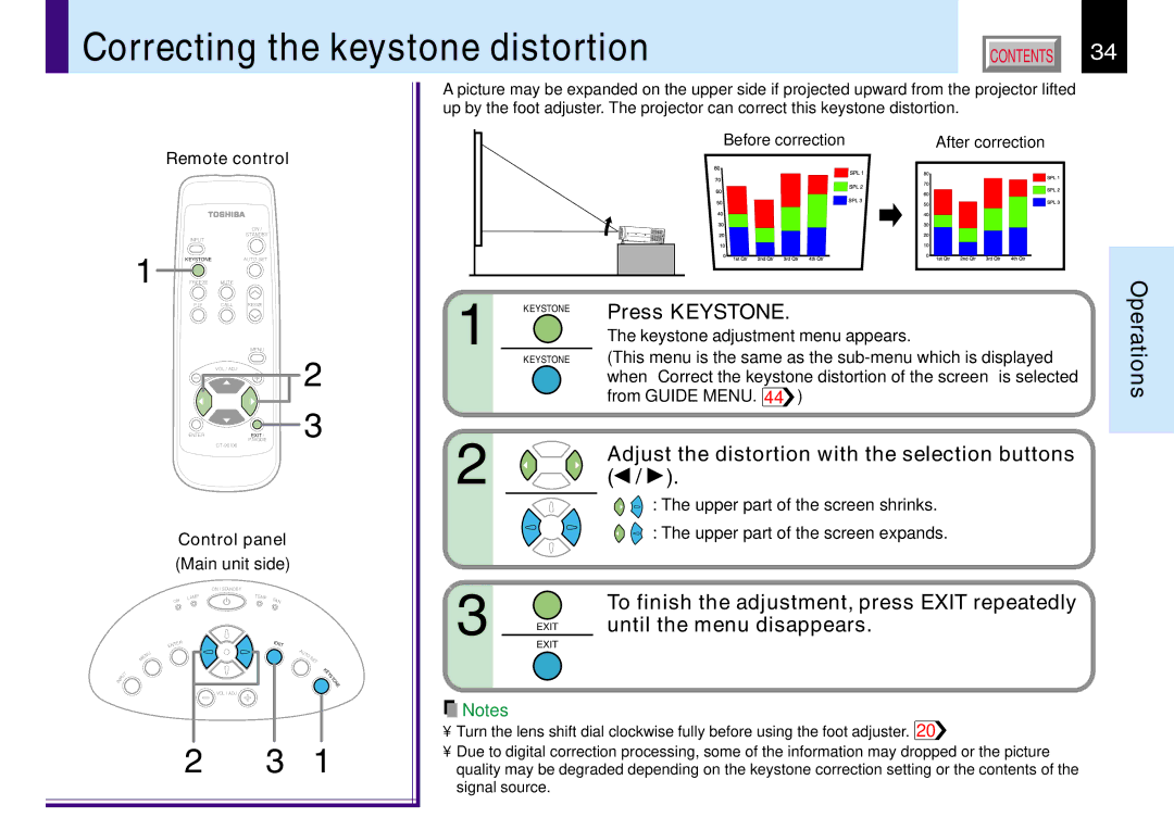 Toshiba TLP551, 251 Correcting the keystone distortion, Press Keystone, Adjust the distortion with the selection buttons 