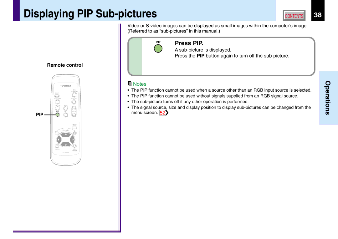 Toshiba TLP551, 251, 250, TLP550 owner manual Displaying PIP Sub-pictures, Press PIP, Sub-picture is displayed 