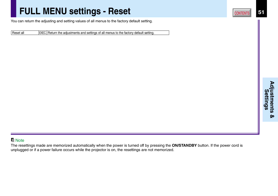 Toshiba TLP550, 251, 250, TLP551 owner manual Full Menu settings Reset 