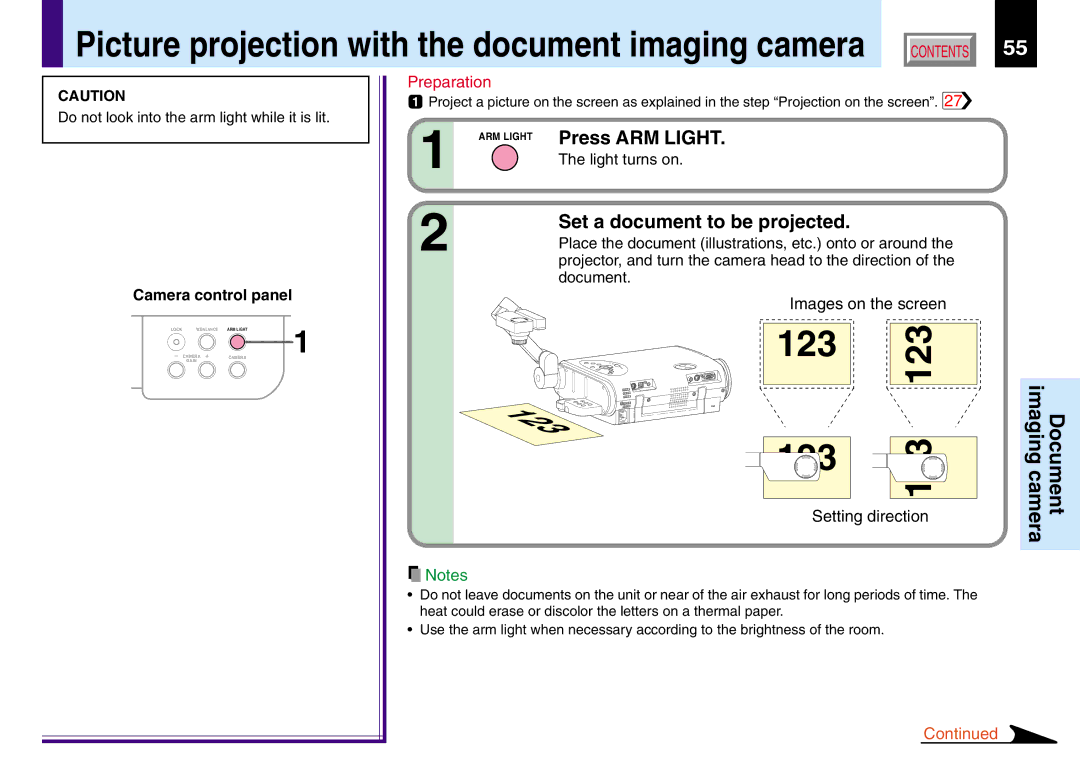 Toshiba TLP550, 251, 250 Press ARM Light, Set a document to be projected, Camera control panel, Light turns on, Document 