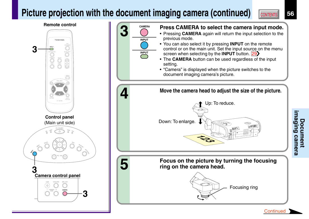 Toshiba 251, 250, TLP551 Picture projection with the document imaging camera, Press Camera to select the camera input mode 