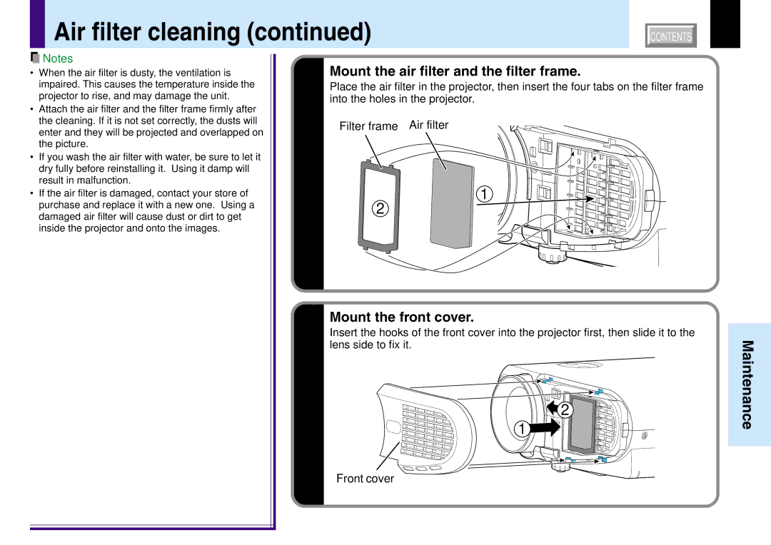 Toshiba TLP551, 251, 250, TLP550 Mount the air filter and the filter frame, Mount the front cover, Lens side to fix it 