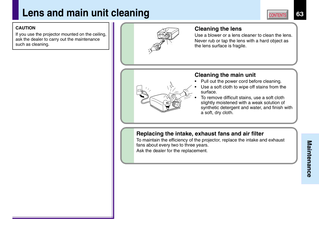 Toshiba TLP550, 251, 250, TLP551 owner manual Lens and main unit cleaning, Cleaning the lens, Cleaning the main unit 