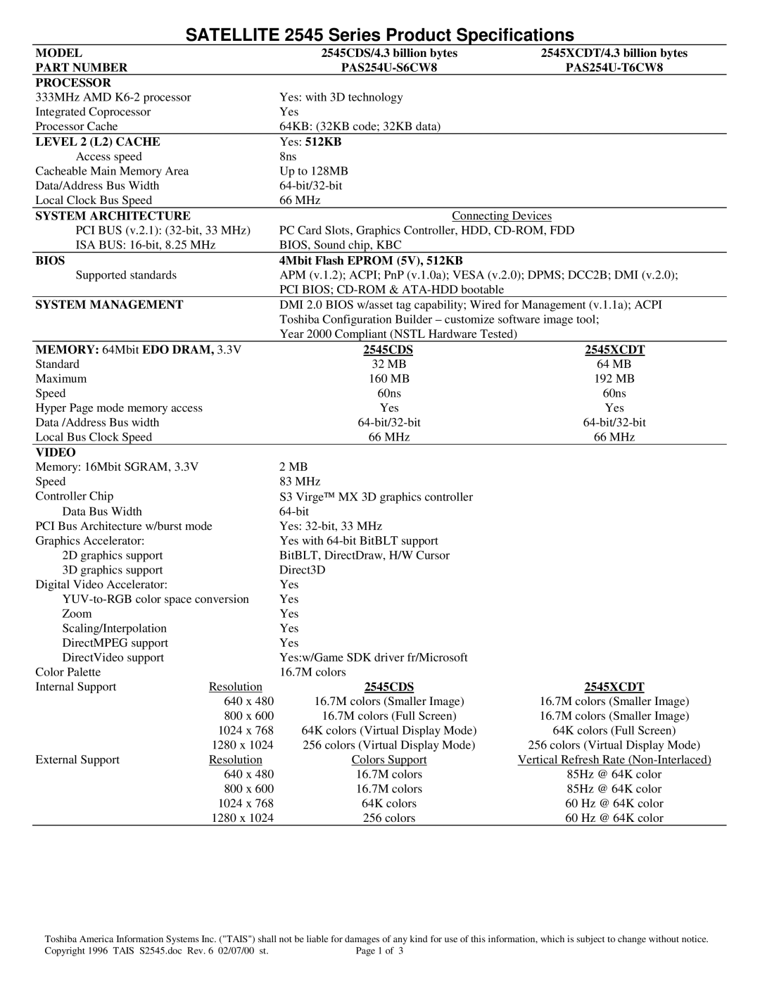 Toshiba 2545CDS specifications Model, Part Number PAS254U-S6CW8 PAS254U-T6CW8 Processor, Level 2 L2 Cache, Bios, Video 