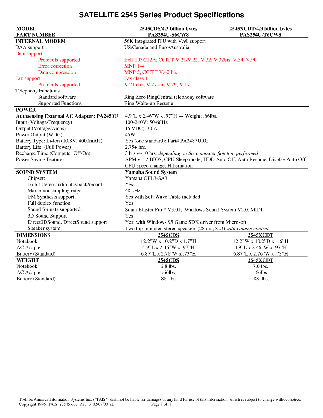 Toshiba 2545XCDT, 2545CDS Part Number PAS254U-S6CW8 PAS254U-T6CW8 Internal Modem, Power, Sound System, Dimensions, Weight 