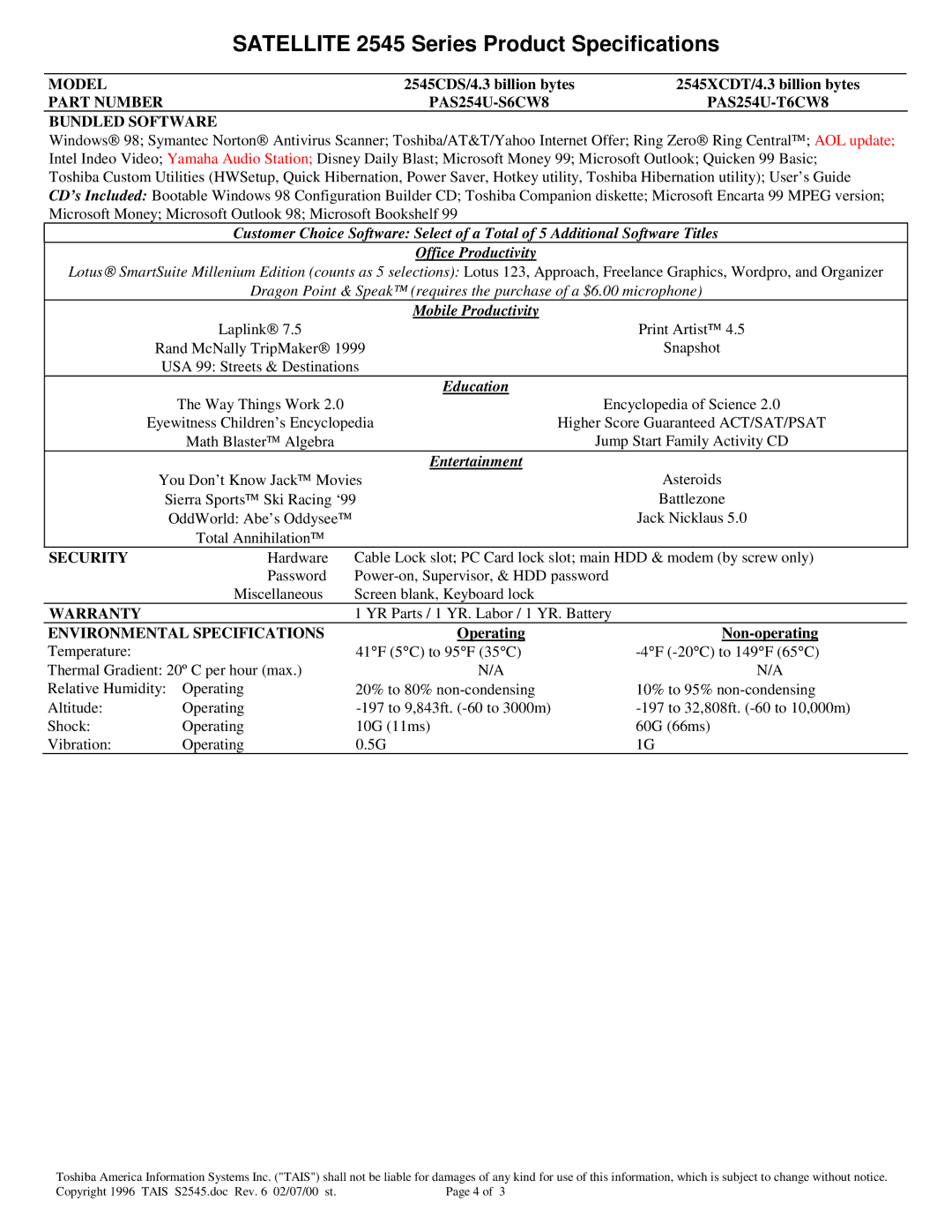 Toshiba 2545CDS, 2545XCDT, 2545 Series Part Number, Bundled Software, Security, Warranty, Environmental Specifications 