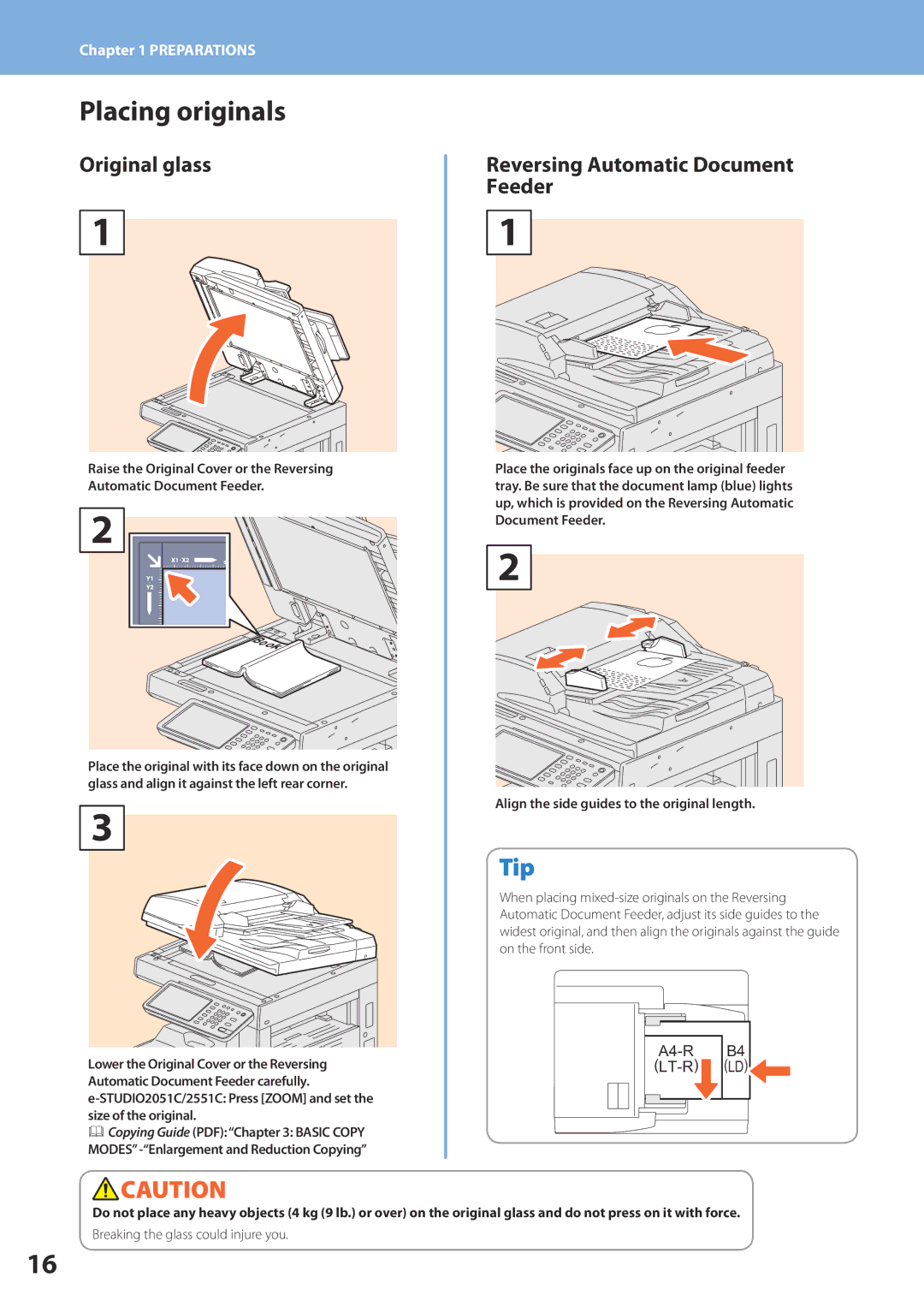 Toshiba 2050c, 2550c, 2551c, 2051c quick start Placing originals, Original glass, Reversing Automatic Document Feeder 