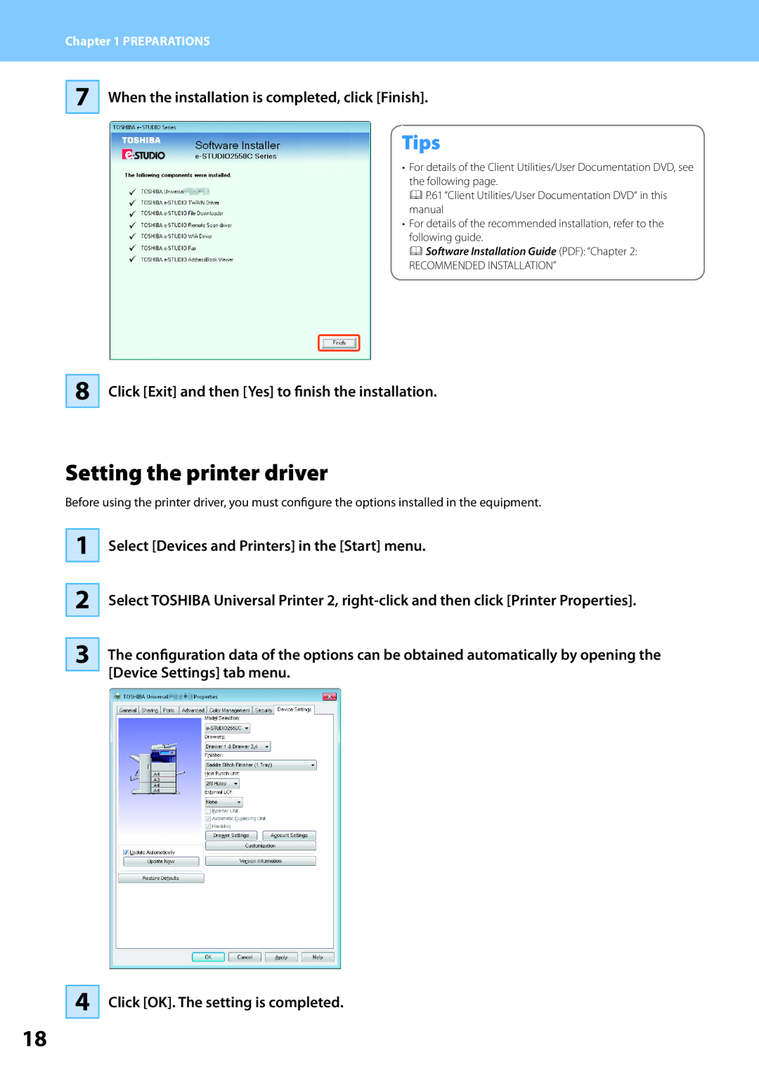 Toshiba 2550c, 2551c, 2050c, 2051c quick start Setting the printer driver, When the installation is completed, click Finish 