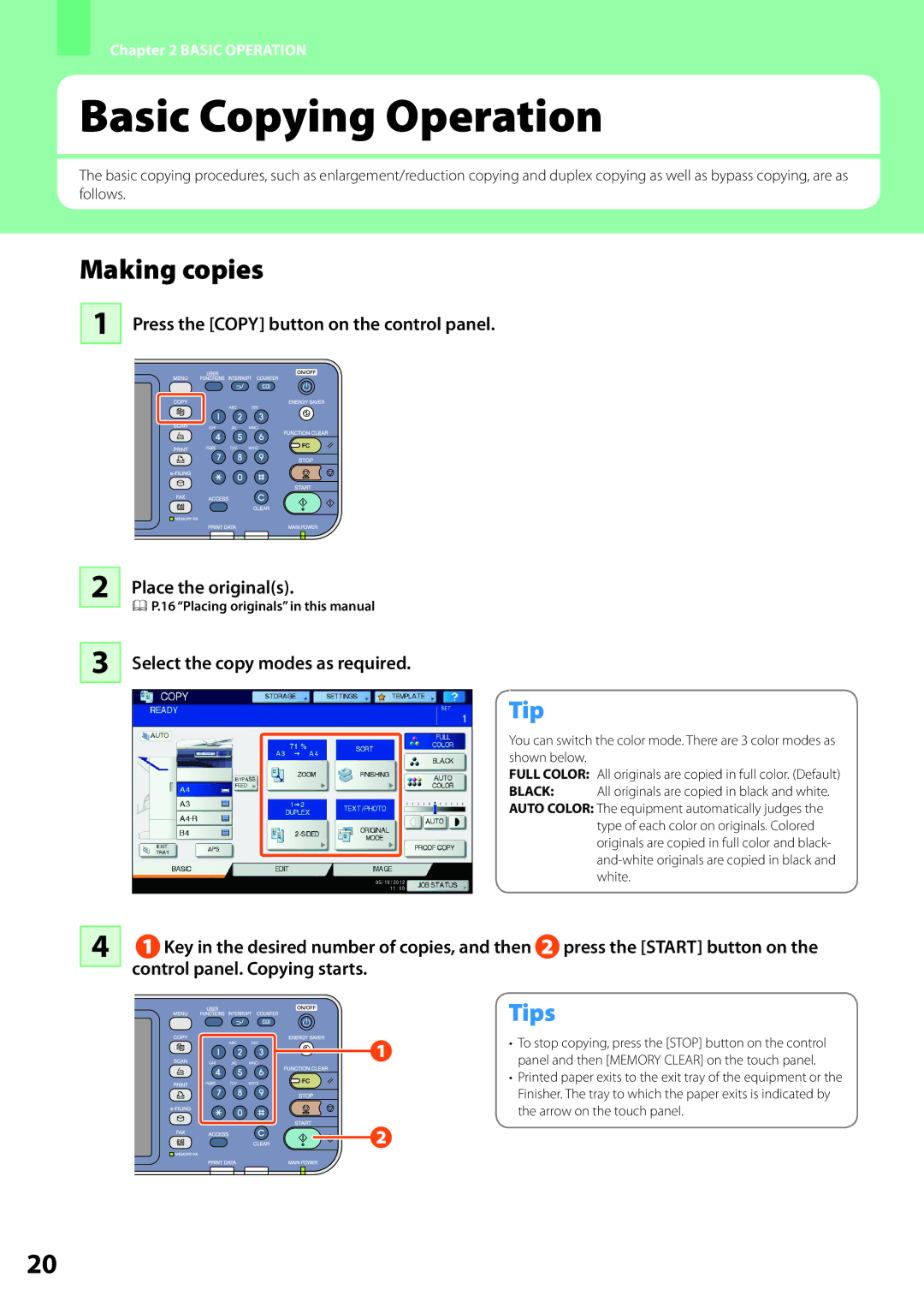 Toshiba 2050c Basic Copying Operation, Making copies, Select the copy modes as required, Placing originals in this manual 