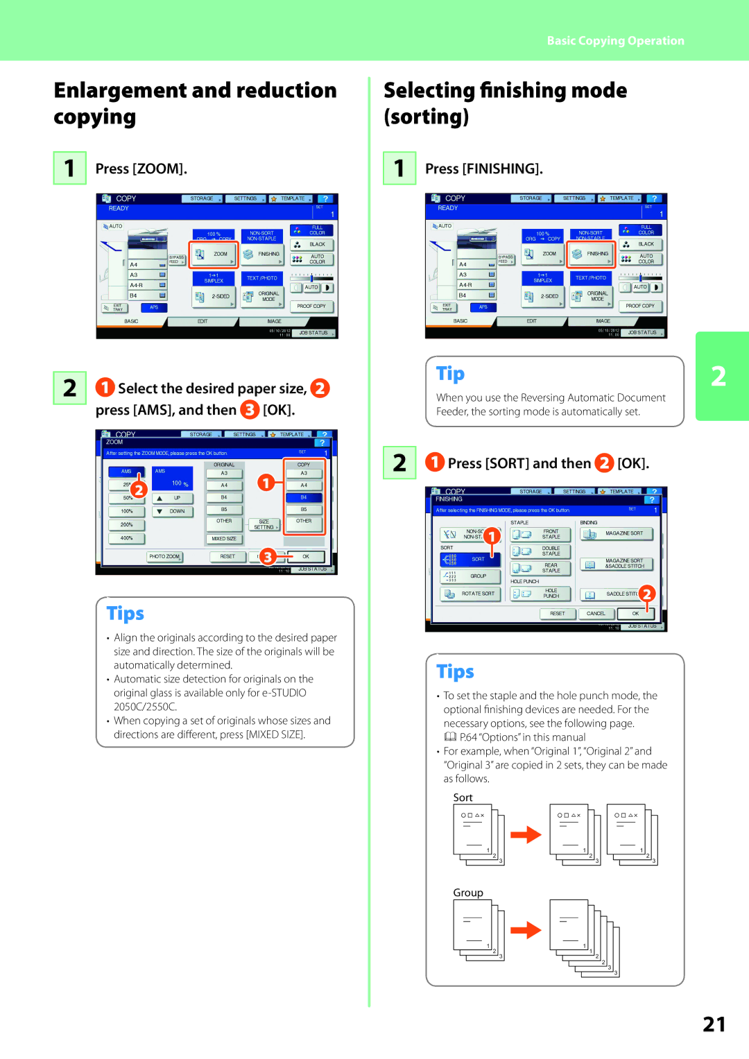 Toshiba 2051c, 2550c, 2551c, 2050c Enlargement and reduction copying, Selecting finishing mode sorting, Press Finishing 