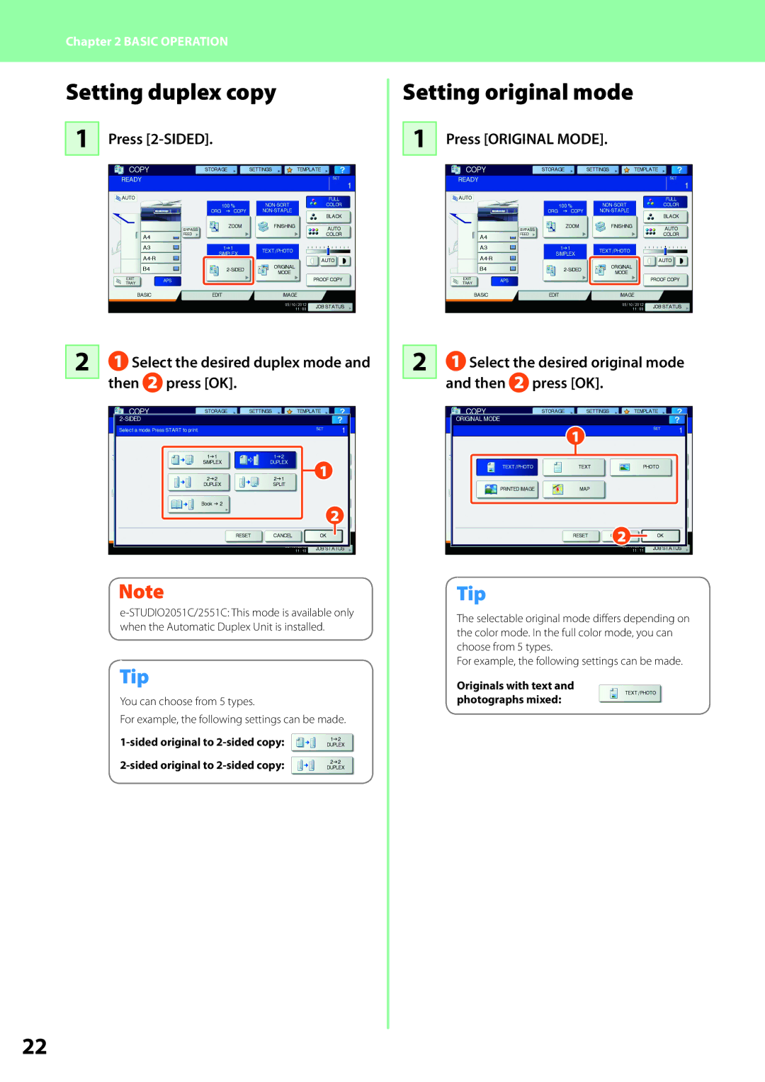 Toshiba 2550c, 2551c, 2050c, 2051c quick start Setting duplex copy, Setting original mode, Sided original to 2-sided copy 
