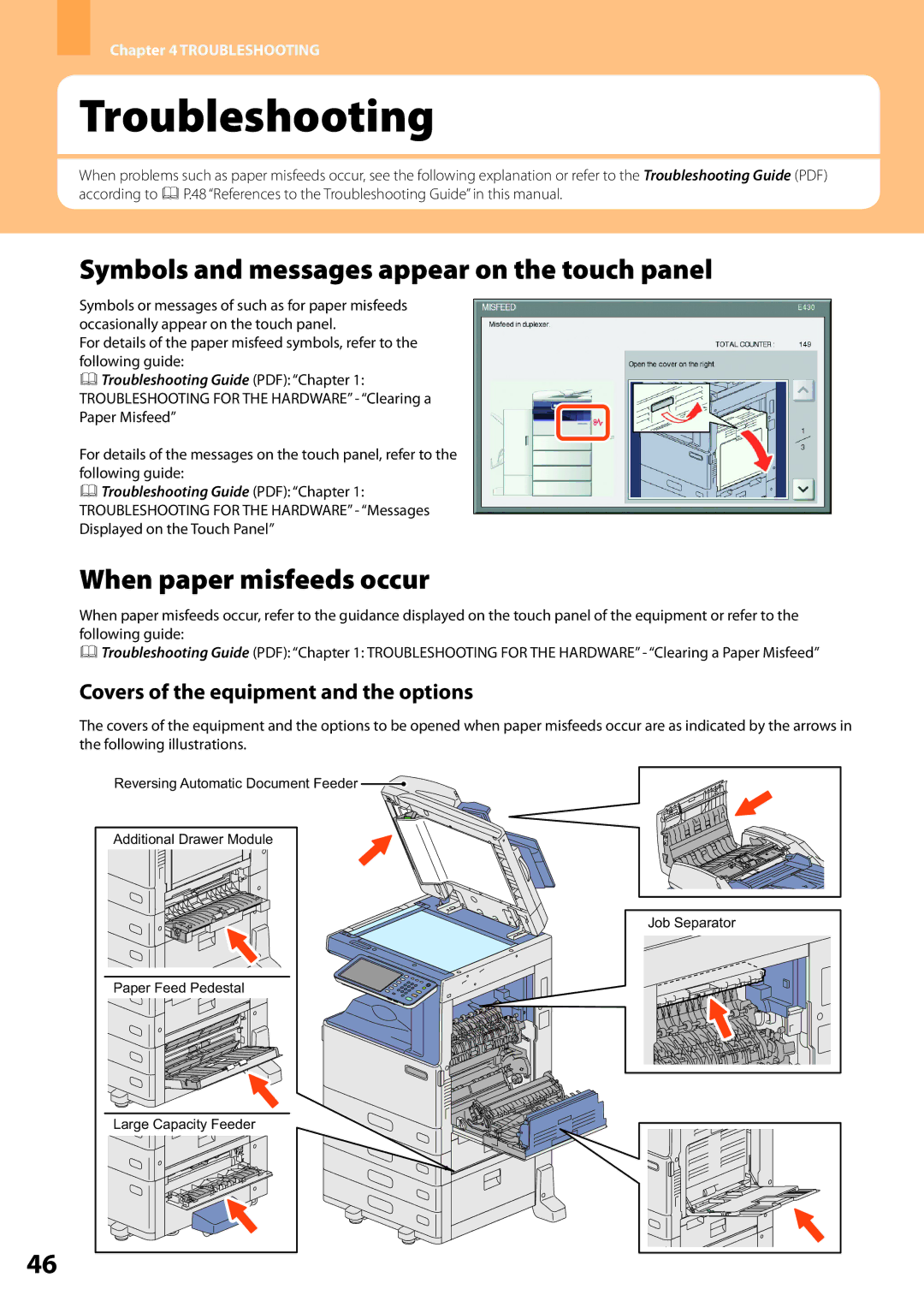 Toshiba 2550c, 2551c, 2050c Troubleshooting, Symbols and messages appear on the touch panel, When paper misfeeds occur 