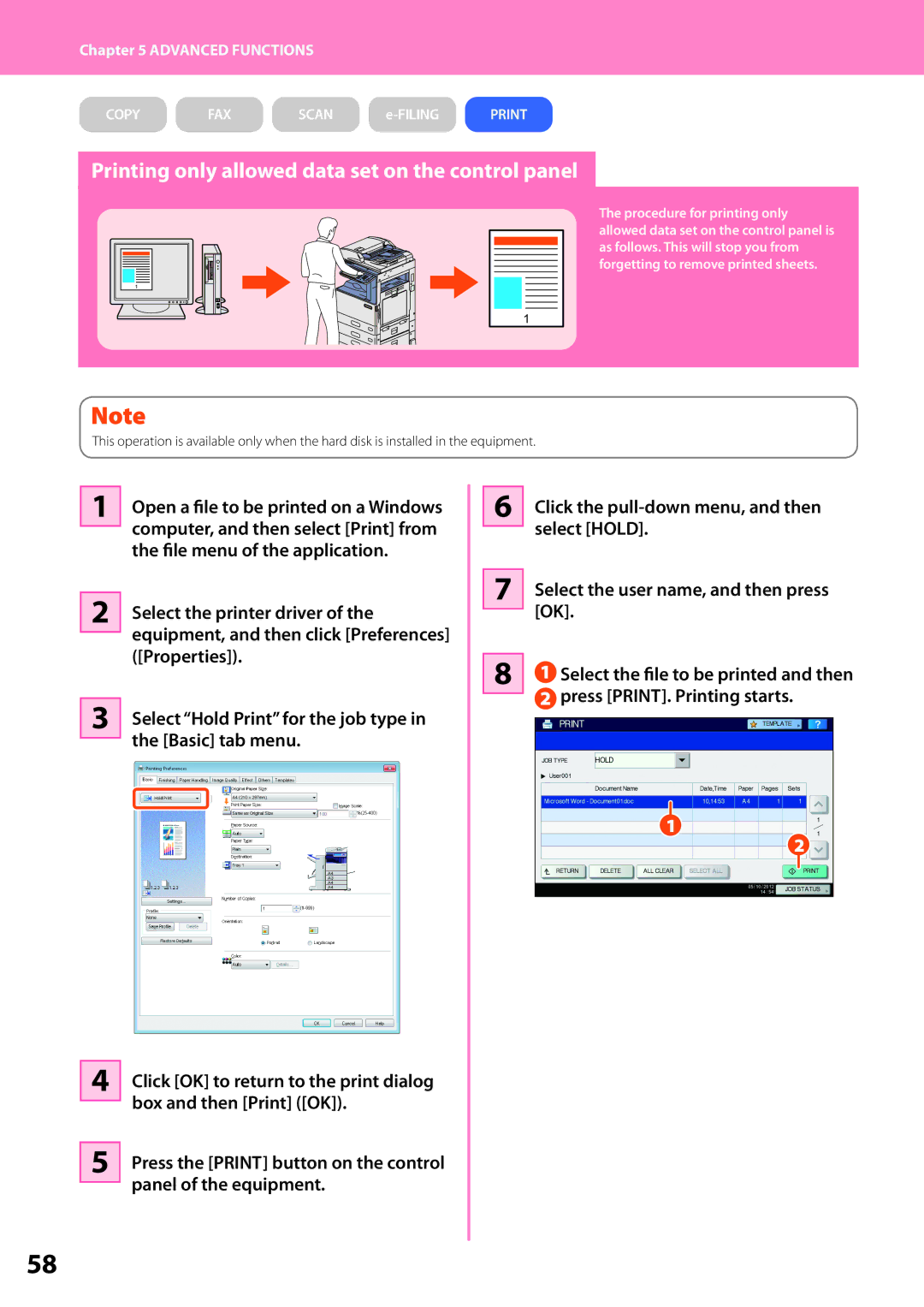 Toshiba 2550c, 2551c, 2050c, 2051c quick start Printing only allowed data set on the control panel 