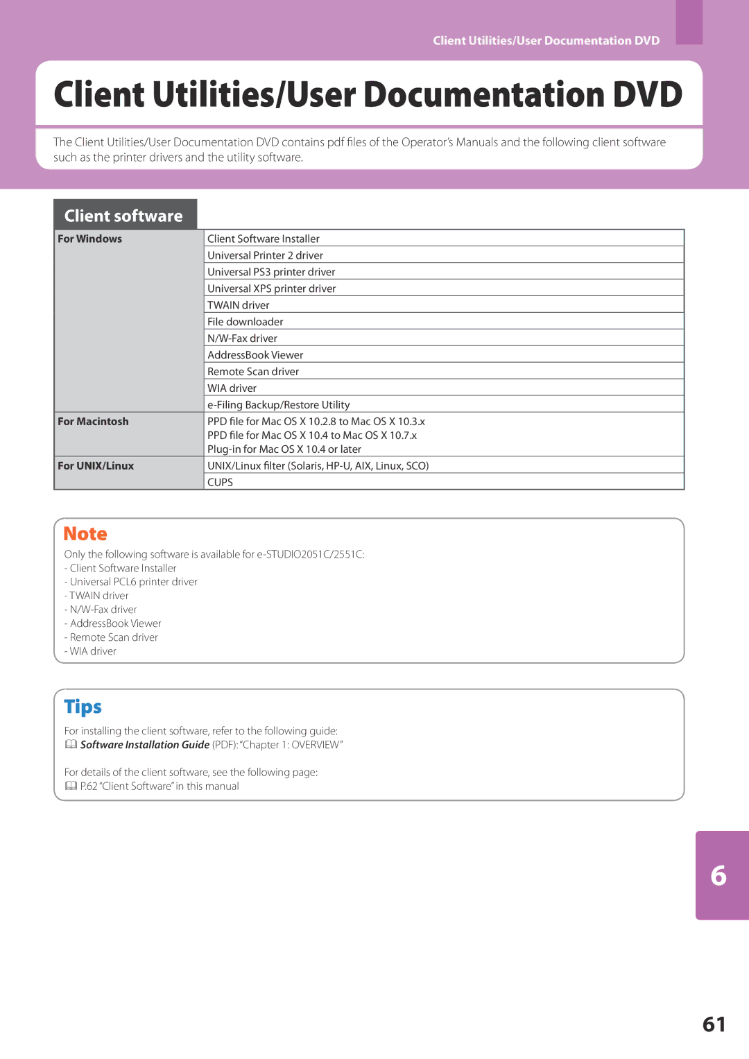 Toshiba 2051c, 2550c, 2551c, 2050c quick start Client software, For Windows, For Macintosh, For UNIX/Linux 