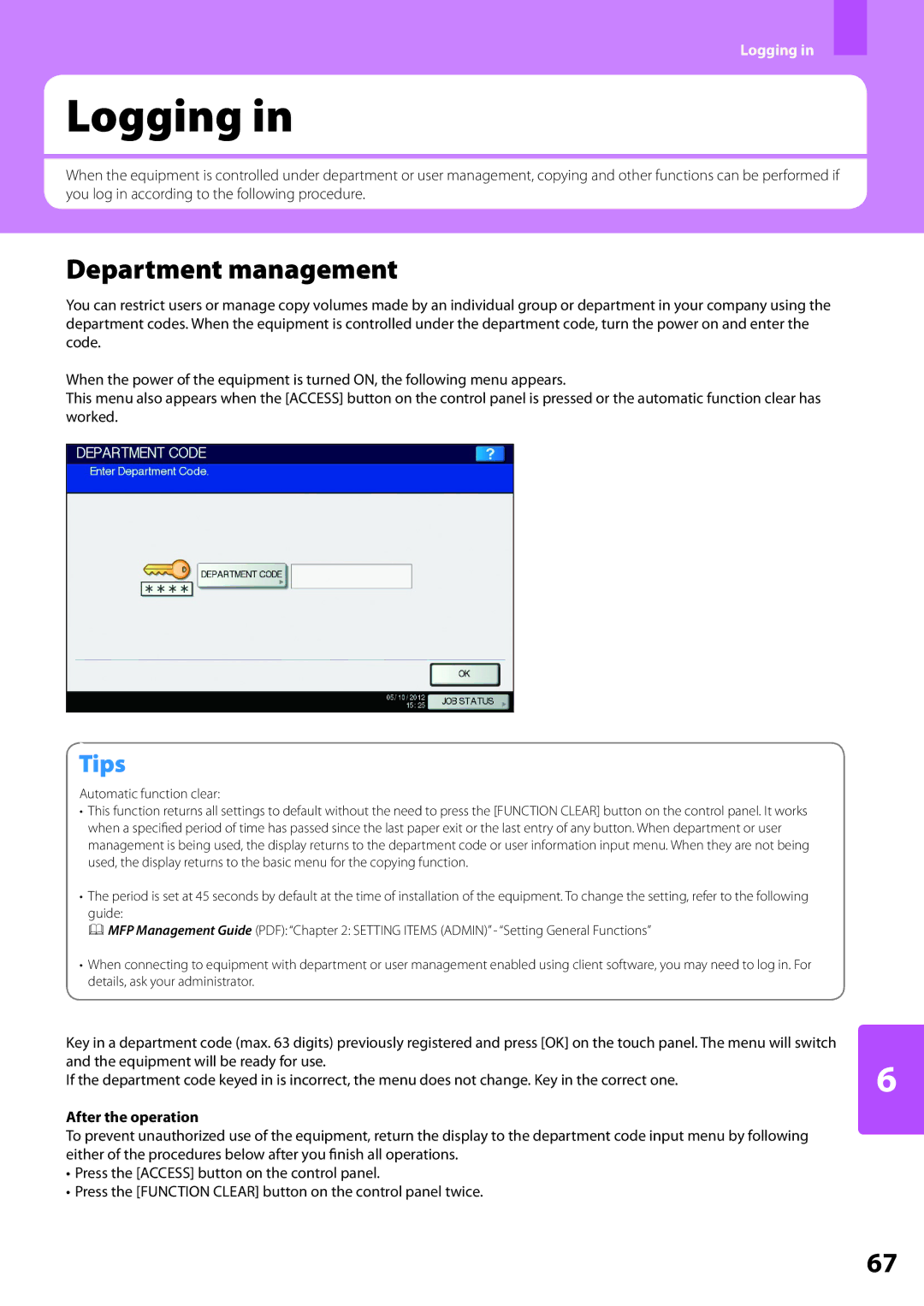 Toshiba 2551c, 2550c, 2050c, 2051c quick start Logging, Department management, After the operation 