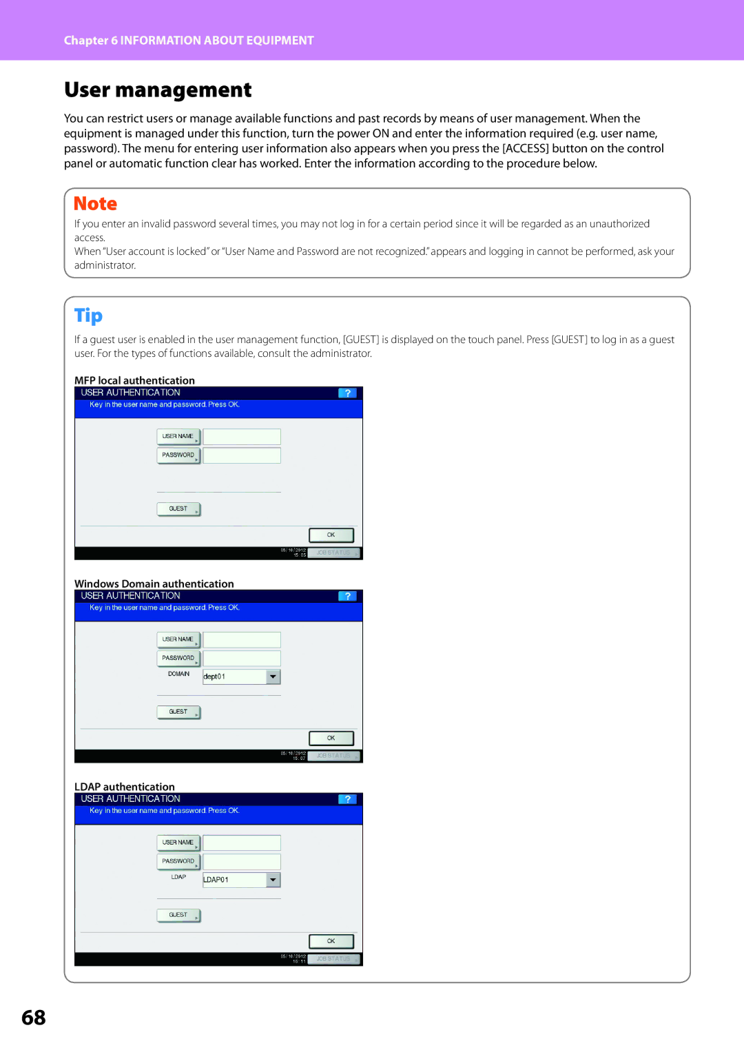 Toshiba 2050c, 2550c, 2551c, 2051c quick start User management 