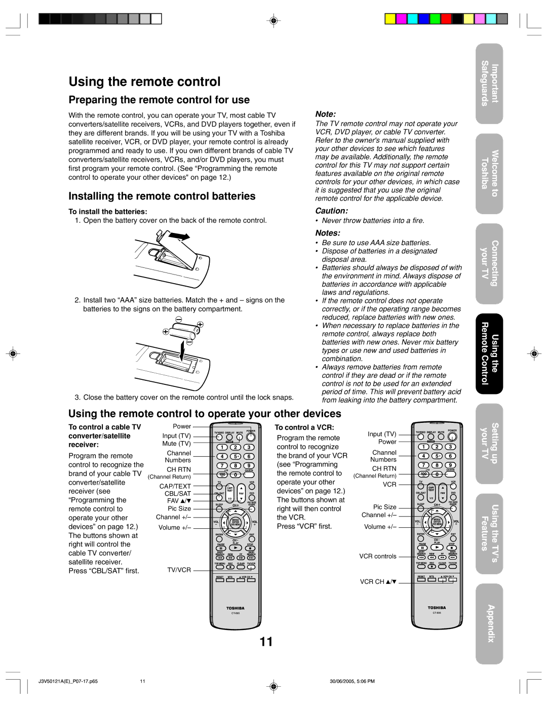 Toshiba 26AF45C Using the remote control, Preparing the remote control for use, Installing the remote control batteries 